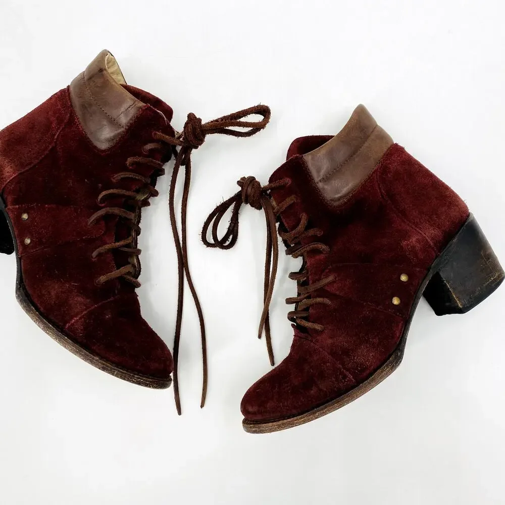 Freebird Cage maroon suede lace up booties